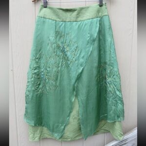 Garnet Hill Light Green Silk Fairy A-Line Skirt with Floral Embroidery